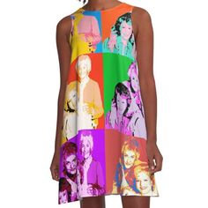 Loose-fit, mid-length sleeveless dress with silky handfeel. Printed on both sides. Machine washable. Size range XS-2XL. Golden Girls Pop Art Design! Dorothy, Sofia, Blanche, and Rose. Retro Sleeveless Dress With Graphic Print, Artistic Summer Party Dresses, Artistic Multicolor Sleeveless Dress, Pop Art Design, Golden Girls, Woven Dress, Dress For Sale, Audrey Hepburn, Dress Fabric