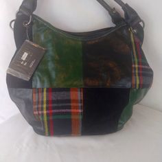 Black Multi Patchwork- Green & Black Faux Leather-Plaid- - Black Suede-Look-Very Beautiful-See Listings For Details-Logo Hangtag-Zipper Logo Compartment Inside-Two Slot Compartments-Beautiful Print Logo Interior-Deep-Large-New/W Tag-Orange Dust Bag Included Casual Leather Bag With Patchwork, Black Shoulder Bag With Leather Handles For Fall, Black Patchwork Satchel Shoulder Bag, Black Patchwork Shoulder Bag For Everyday Use, Black Hobo Satchel With Leather Handles, Casual Black Bag With Leather Backing, Black Leather Hobo Satchel, Black Fall Satchel, Multicolor Leather Hobo Bag For Errands