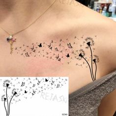 a woman's chest with a dandelion tattoo design on the left side