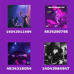 the album covers are purple and black with white numbers on them, along with an image of a band