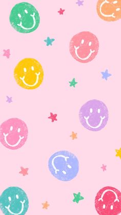 a colorful background with smiley faces and stars on the bottom half of the image, in pastel colors