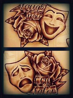 two different tattoos with roses and masks on them