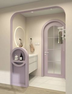 a bathroom with an arched doorway, sink and mirror