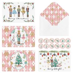 christmas cards and envelopes are shown in different styles, with the same design on them