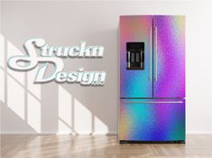 a colorful refrigerator with the words stuck in design on it's front and side