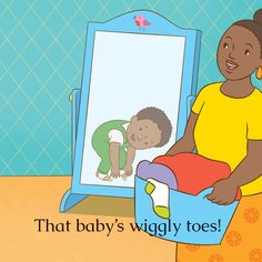 a woman holding a baby in front of a mirror with the words that baby's wiggly toes