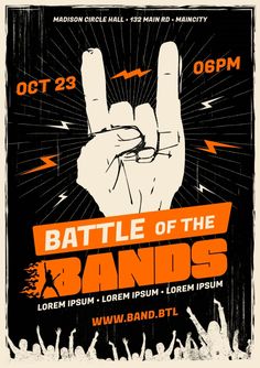 a concert poster for battle of the bands with an image of a hand making the peace sign