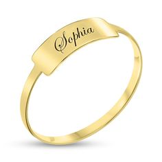 With personalized flair, this bar ring is a great addition to her jewelry box. Crafted in warm 10K gold, this stylish choice features a center bar adorned with a name or message - up to 10 characters in length - inscribed in an attractive script font. Buffed to a brilliant luster, this ring is a unique look just for her. Personalization options do not support the use of numeric characters, in addition to restrictions listed below. 14k Gold Nameplate Bracelet For Anniversary, Classic 14k Gold Custom Name Bracelet, Elegant Yellow Gold Stackable Rings With Custom Name, Classic Personalized Nameplate Engraved Ring, Classic Personalized Engraved Nameplate Ring, Classic 14k Gold Name Jewelry, Elegant Adjustable Engraved Ring With Custom Name, Promise Ring With Nameplate Engraved, Elegant Custom Name Engraved Adjustable Ring