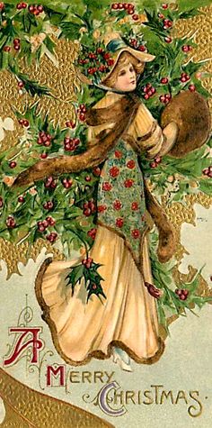 a christmas card with an image of a woman carrying a dog and holly wreaths