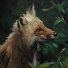 an oil painting of a fox in the woods