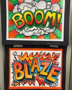 two posters with the words boom and blaze painted on them