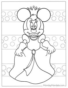 minnie mouse coloring page with dots and lines in the background, for children to color