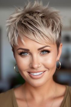 As a woman over 50, you might not think bangs are right for you. But let me tell you something—bangs are the quickest and easiest ways to completely transform #short #hairstyle Short Hair For Coarse Hair, Pixie Wigs For White Women, Texturized Pixie Haircut, Crop Haircut Short Women, Short Hair For Plus Size Women Over 40, Piecey Pixie Haircut, Short Sassy Hair Older Women, Short Spiky Haircuts For Women Over 50, Short Edgy Pixie Cuts Shaved Sides