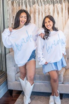 Get the new FSB exclusive for the bridal season- our Something Blue Bride Sweatshirt! This bella canvas crew is available in size small-2xl! cotton polyester machine wash cold tumble dry low Blue Cotton Top For Wedding, White Crew Neck Top For Bridal Shower, Relaxed Fit Crew Neck Top For Wedding, White Relaxed Fit Top For Wedding, Blue Bride, Bride Sweatshirt, Four Sisters, Pink Lemon, Tank Bodysuit