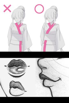 an anime character's nose and lips are shown in three different ways, including the same