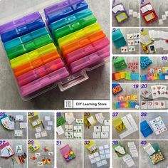 many different colored plastic boxes with numbers and magnets