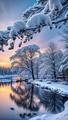 a lake surrounded by snow covered trees at sunset