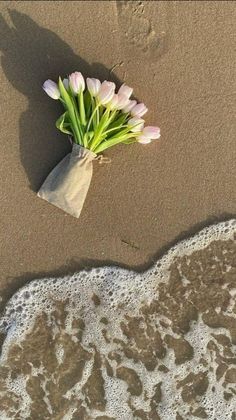 a bouquet of tulips on the beach with footprints in the sand