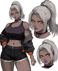 an image of a woman with white hair and red eyes wearing black shorts, cropped top