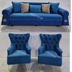 two blue couches sitting next to each other