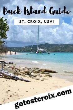 the beach with boats in the water and text that reads buck island guide st croix, usvi