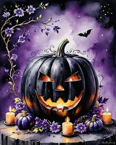 a painting of a jack - o'- lantern pumpkin surrounded by candles