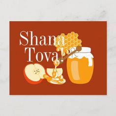 a card that says shana tova with honey and apples