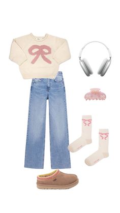 Silver Airpods, Sports Wallpaper, Bow Socks, Wide Leg Denim Jeans, Airpods Max, Bow Sweater, Future Clothes, Aesthetic Outfit Ideas, Cute Preppy Outfits