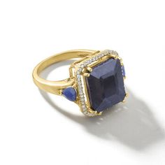 Ross-Simons - 7.75ct t. w. Sapphire Three-Stone Ring, .14ct t. w. Diamonds Over Sterling. Size 9. Indulge in the deep and velvety hue of this chunky sapphire statement ring! Spotlighting a 7.25 carat rectangular sapphire flanked by more petite triangular sapphires, totaling .50 carats, for a classic three-stone look. A sparkling frame of .14 ct. t. w. diamond rounds in white rhodium beautifully complements the midnight blue palette. Set in polished 18kt yellow gold over sterling silver. 5/8" wid Midnight Blue Palette, Sapphire Birthstone, Rope Rings, Blue Palette, 3 Stone Rings, In The Deep, Fine Jewelery, Sterling Jewelry, The Midnight