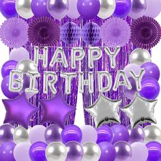 purple and silver balloons with the words happy birthday