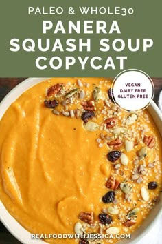 a bowl filled with soup next to a spoon and napkin on the side that says paleo & whole 30 panera squash soup copy