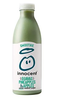 a bottle of green smoothie on a white background with the words innocent and pineapples