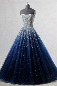 Gorgeous Strapless Beaded Dark Blue Tulle Long Prom Dresses, Open Back Beaded Dark Blue Formal Evening Dresses, Beaded Blue Ball Gown #promdress #promdresses #promdresses2023 #bluepromdress #formaldress #eveningdress #promgown #formalgown #eveninggown #ballgown #promfashion #promstyle #promnightdress Gaun Abad Pertengahan, Istoria Modei, 파티 드레스, Prom Ball Gown, Blue Evening Dresses, Beaded Prom Dress, Cute Prom Dresses, Pretty Prom Dresses, Custom Size Dresses