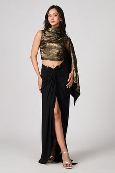 Black and gold metallic finish one shoulder draped top featuring gold tone motif embellishments and faux leather detailing, Fit: Relaxed Foil Placement, Leather Detailing, Draped Top, Top For Women, Top Women, Women Tops, Aza Fashion, Shoulder Sleeve, Black And Gold