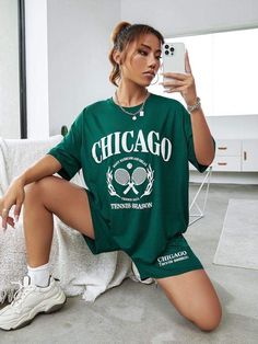 Two Piece Outfits Shorts, Jogging Outfit, Football Jersey Outfit, Trendy Shirt Designs, Oversized T Shirt Dress, Aesthetic T Shirts, Track Shorts, Co Ords, Print Tee