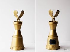 two pictures of a golden trophy with an eagle on top and the words grand written on it