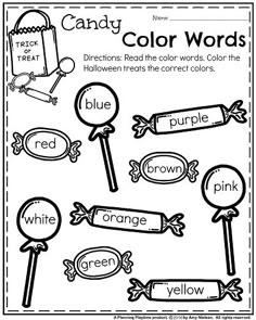 the color words worksheet for kids to practice their handwriting and writing skills, including candy