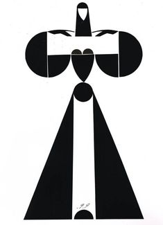 a black and white drawing of a cross with two hands on it's sides