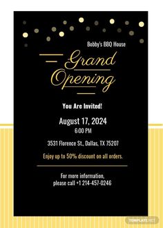 a black and gold grand opening party card