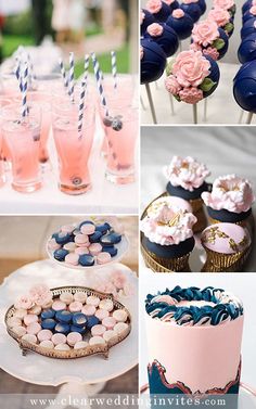 pink and blue desserts, cupcakes, cake pops, and drinks