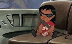 a cartoon character sitting in the back seat of a car with sunglasses on it's head