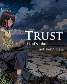 a woman sitting on top of a rock under a cloudy sky with the words trust god's plan not your plan