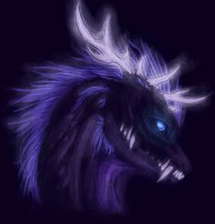 an animal with blue eyes and horns on it's head, in the dark