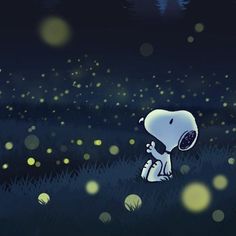 a cartoon dog is standing in the grass at night with fireflies all around him