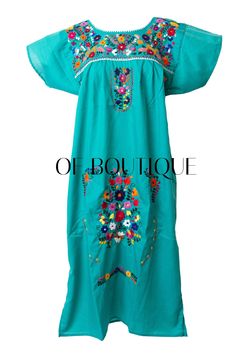 "Women's Traditional Mexican Dress - Teal - Beautiful embroidery - Handmade - Fiesta attire - Poly/Cotton Blend Measurements: Small: Bust: 32-34\" -- Length: 43\" Medium: Bust: 34-36\" -- Length: 44\" Large: Bust: 40-42\" -- Length: 45\" X-Large: Bust: 44-46\" -- Length: 45\" 2XL: Bust: 48-50\" -- Length: 46\" 3XL: Bust: 54-56\" -- Length: 48\" 4XL: Bust: 57-58\" -- Length: 48\" 5XL: Bust 59-60\" -- Length: 49\" NOTE: Due to the handmade nature of these dresses, the embroidery may vary from dres Green Embroidered Dress With Resham For Summer, Turquoise Dresses With Resham Embroidery, Green Summer Dress With Resham Embroidery, Traditional Green Dress With Embroidered Neckline, Traditional Turquoise Dress With Resham Embroidery, Green Cotton Dress With Intricate Embroidery, Traditional Multicolor Dress With Machine Embroidery, Green Embroidered Dress For Festival, Green Floral Embroidered Dress For Festival