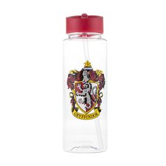 a harry potter water bottle with a straw in the bottom and hogwarts crest on it