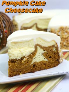 there is a piece of cake on the plate with white frosting and nuts in the background