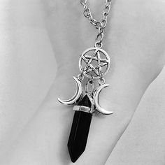 New! Triple Goddess Necklace Silver Black Onyx Stone Moon/Pentagram Adjustable Lobster Clasp Witch Goth Dark Aesthetic Pentagram Jewelry, Goddess Moon, Black Onyx Pendant, Crystal Point Necklace, Crystal Goddess, Goddess Necklace, Onyx Pendant, Triple Goddess, Black Onyx Stone