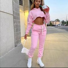 Pink Sweatsuit. Includes Crop Sweater And Sweatpants. See Last Photo For Measurements. Two Piece Set Outfits, Sweat Suits Outfits, Suits Outfits, Two Pieces Set Outfits, Hooded Crop Top, Cropped Sweatpants, Set Outfits, Crop Top Hoodie