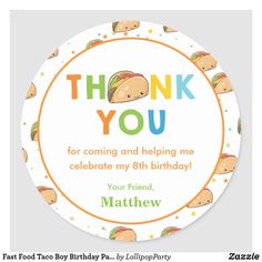 a thank card for a child's birthday with an image of a taco on it